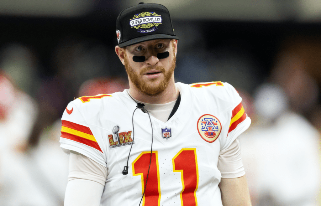 Feb 9, 2025; New Orleans, LA, USA; Kansas City Chiefs quarterback Carson Wentz (11) against the Philadelphia Eagles in Super Bowl LIX at Ceasars Superdome. Mandatory Credit: Mark J. Rebilas-Imagn Images