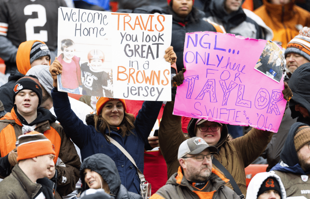 Dec 15, 2024; Cleveland, Ohio, USA; Cleveland Browns fans hold up signs for Taylor Swift (not pictured) during the second quarter between the Cleveland Browns and the Kansas City Chiefs at Huntington Bank Field. Mandatory Credit: Scott Galvin-Imagn Images