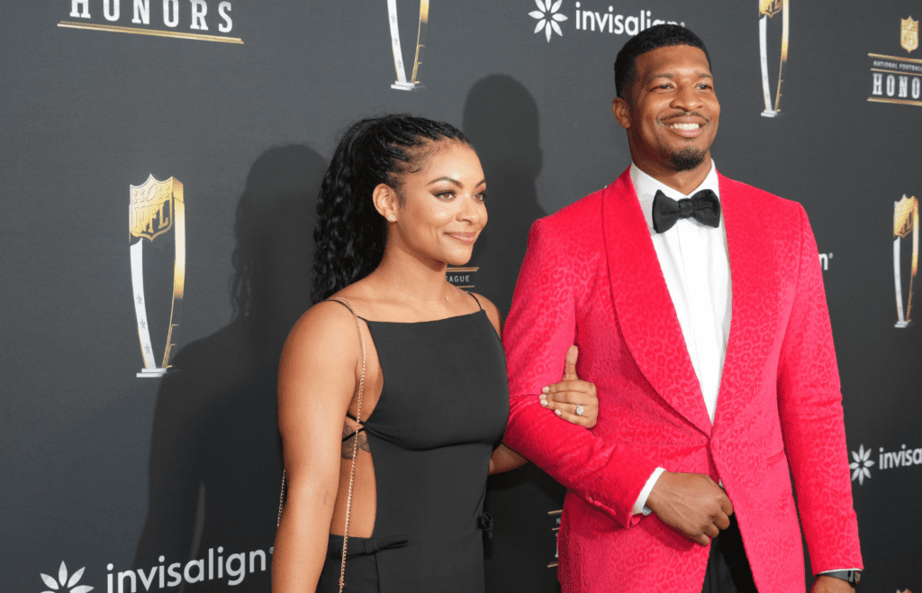 Feb 6, 2025; New Orleans, LA, USA; Jameis Winston and his wife Brieon Winston on the red carpet before Super Bowl LIX NFL Honors at Saenger Theatre. Mandatory Credit: Kirby Lee-Imagn Images