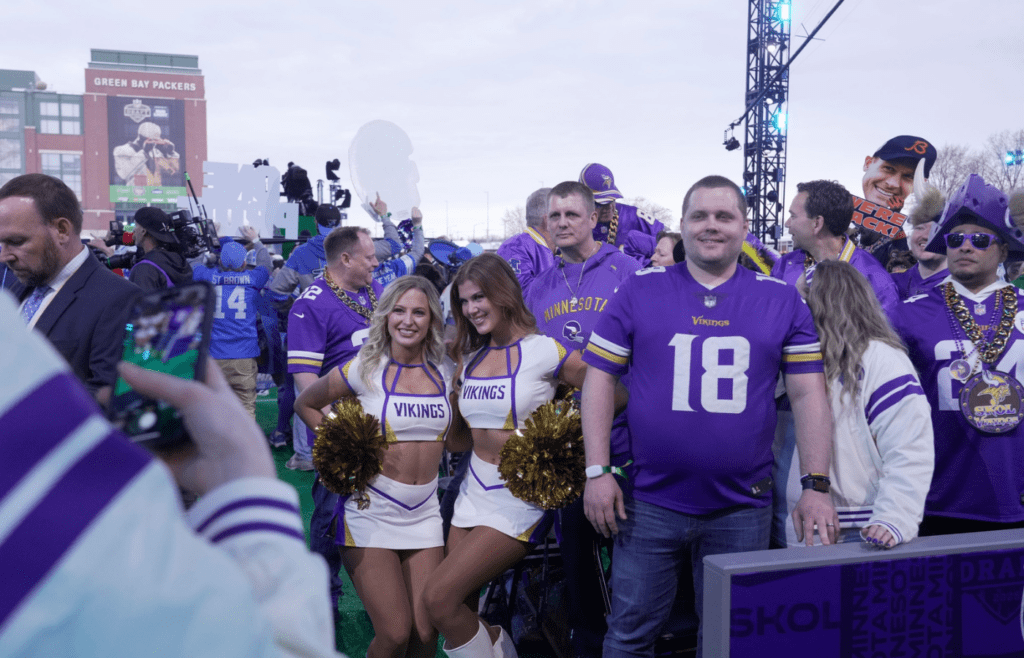 Minnesota Vikings fans are shown before the start of the first round of the NFL Draft Thursday, April 24, 2025 in Green Bay, Wisconsin. It is the first time the draft will be held in Green Bay, the smallest market in the National Football League