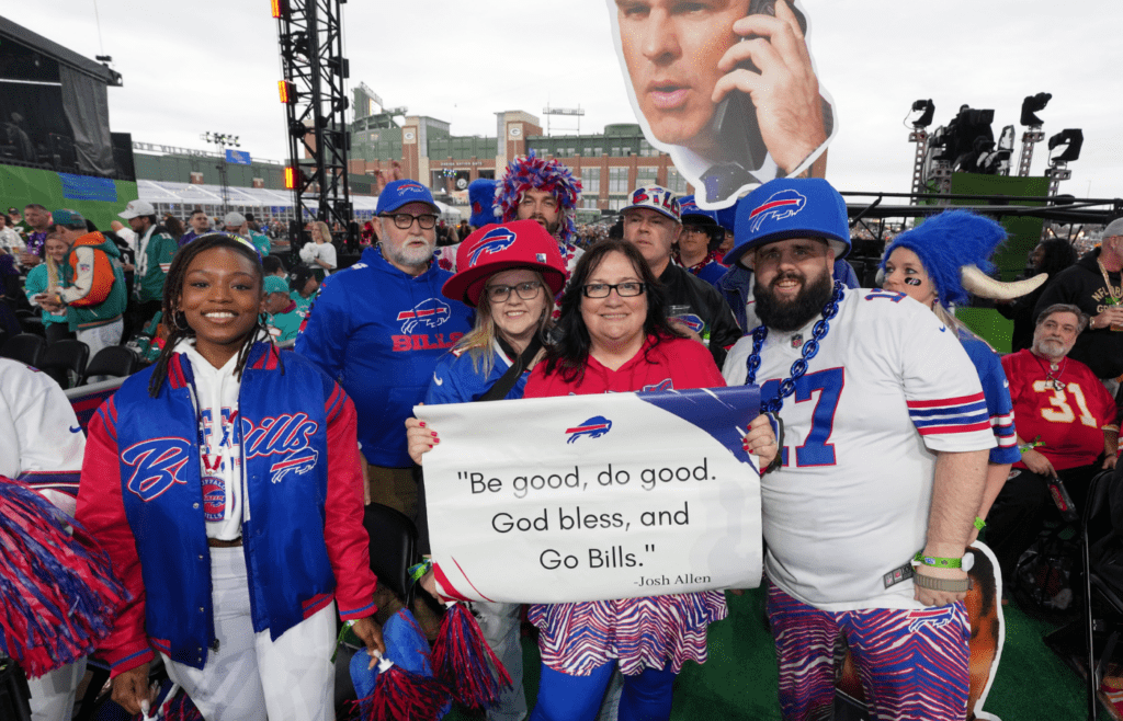Apr 24, 2025; Green Bay, WI, USA; Buffalo Bills fans cheer before the first round of the 2025 NFL Draft at Lambeau Field. Mandatory Credit: Kirby Lee-Imagn Images