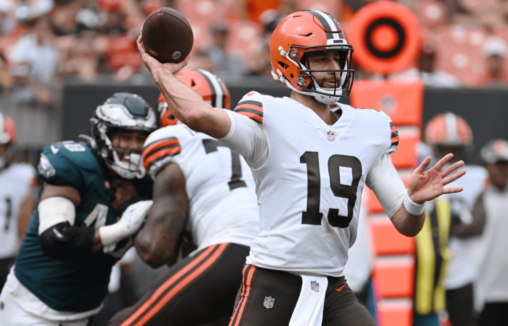 Aug 21, 2022; Cleveland, Ohio, USA; Cleveland Browns quarterback Josh Rosen (19) throws a pass during the second half against the Philadelphia Eagles at FirstEnergy Stadium. Mandatory Credit: Ken Blaze-Imagn Images