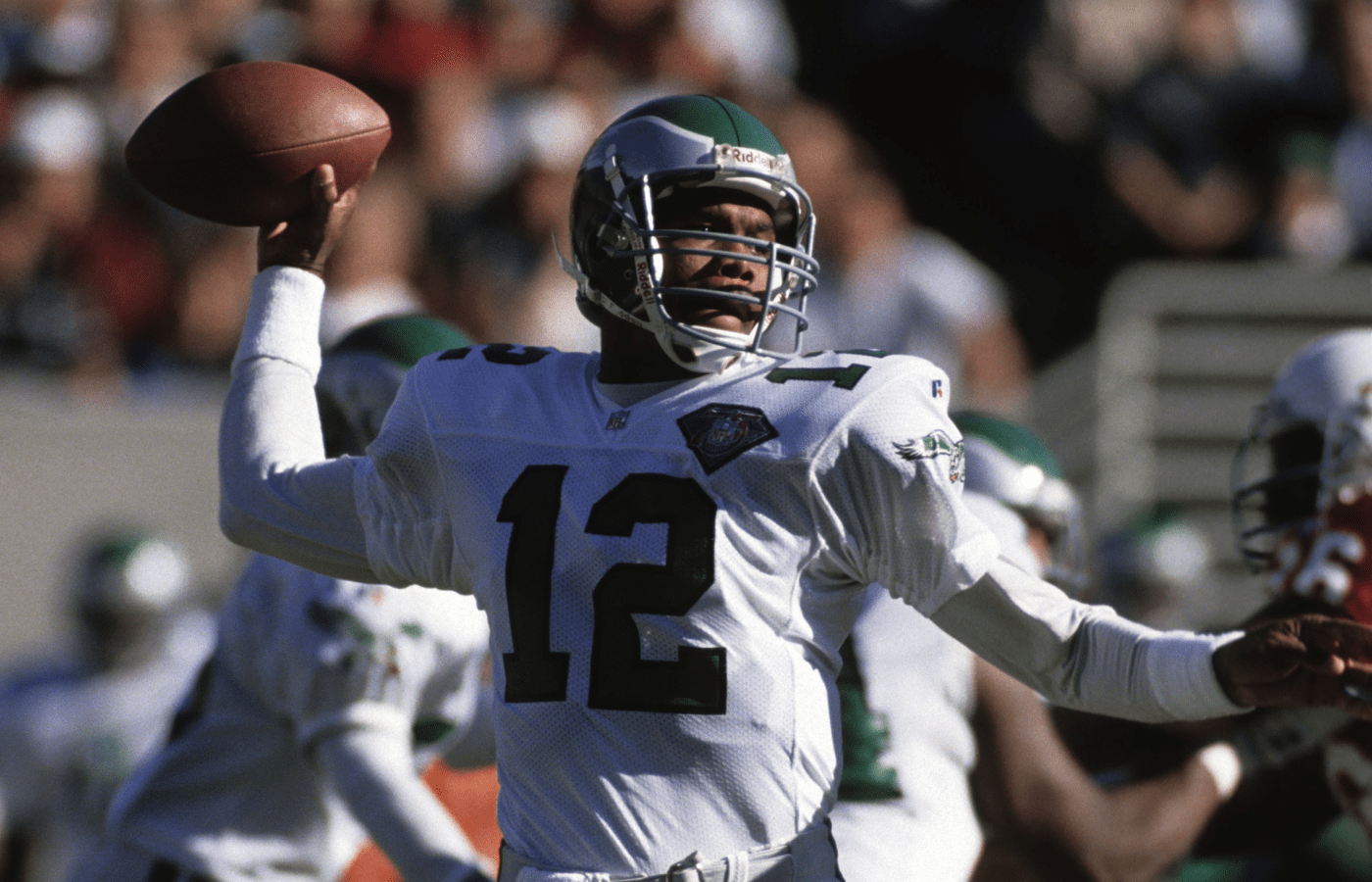 Nov 20, 1994; Tempe, AZ, USA; FILE PHOTO; Philadelphia Eagles quarterback Randall Cunningham (12) in action against the Arizona Cardinals at Sun Devil Stadium. Mandatory Credit: Peter Brouillet-USA TODAY NETWORK