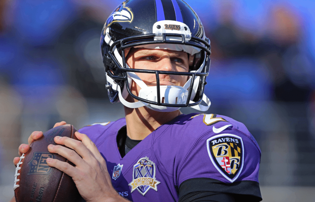 Dec 20, 2015; Baltimore, MD, USA; Baltimore Ravens quarterback Jimmy Clausen (2) warms up prior to the game against the Kansas City Chiefs at M&T Bank Stadium. Mandatory Credit: Mitch Stringer-Imagn Images