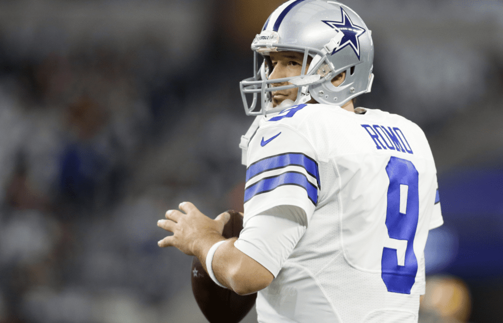 Jan 15, 2017; Arlington, TX, USA; Dallas Cowboys quarterback Tony Romo (9) warms up before the game against the Green Bay Packers in the NFC Divisional playoff game at AT&T Stadium. Mandatory Credit: Tim Heitman-Imagn Images
