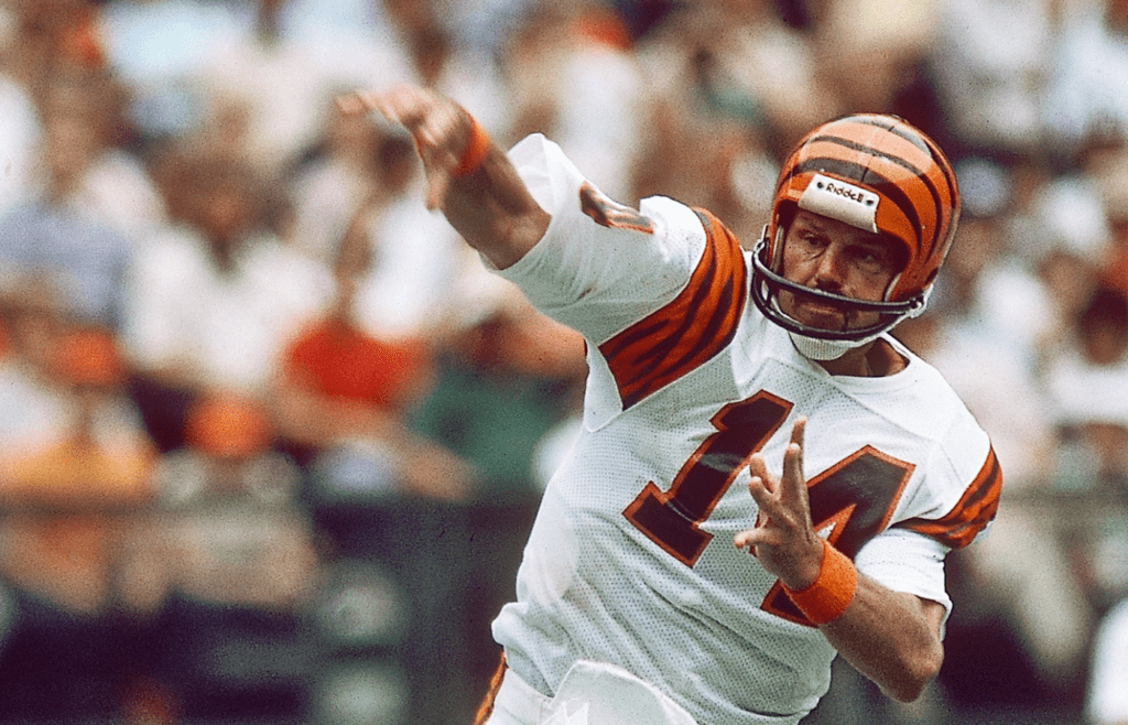 Sep 9, 1984; Cincinnati, OH, USA; FILE PHOTO; Cincinnati Bengals quarterback Ken Anderson (14) throws the ball against the Kansas City Chiefs at Riverfront Stadium. Mandatory Credit: Malcolm Emmons-USA TODAY NETWORK
