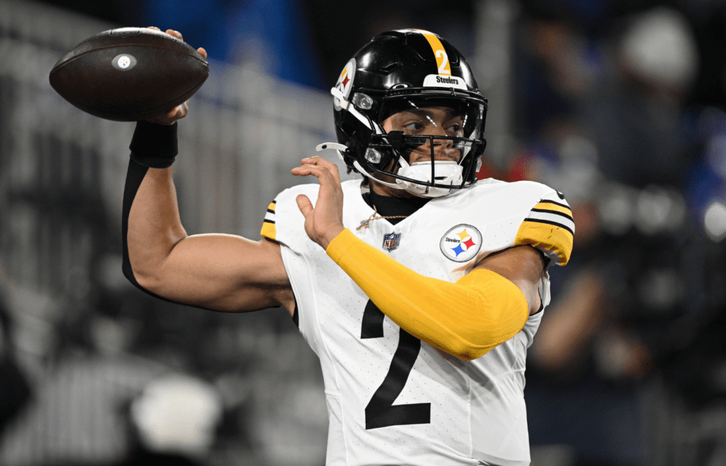 Jan 11, 2025; Baltimore, Maryland, USA; Pittsburgh Steelers quarterback Justin Fields (2) warms up before an AFC wild card game against the Baltimore Ravens at M&T Bank Stadium. Mandatory Credit: Tommy Gilligan-Imagn Images