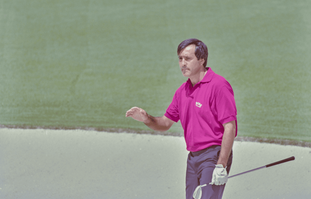 04/12/1992; Augusta, Georgia, USA; Seve Ballesteros acknowledges crowd after bunker shot at the Augusta National Golf Course during the 1992 Masters. Mandatory Credit: Blake Madden -The Augusta Chronicle via USA TODAY NETWORK