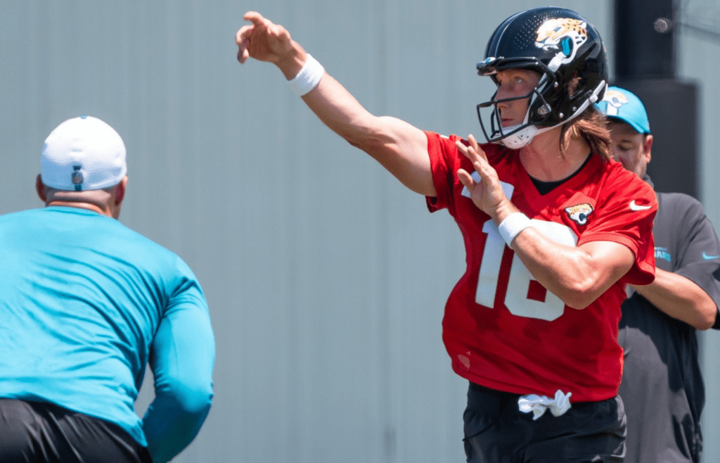 Jacksonville Jaguars quarterback Trevor Lawrence (16) makes a pass during the fourth organized team activity at the Miller Electric Center in Jacksonville, Fla. Tuesday, May 27, 2025. [Doug Engle/Florida Times-Union]
