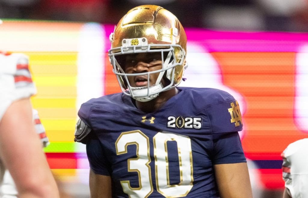 Jan 20, 2025; Atlanta, GA, USA; Notre Dame Fighting Irish defensive lineman Bryce Young (30) against the Ohio State Buckeyes during the CFP National Championship college football game at Mercedes-Benz Stadium. Mandatory Credit: Mark J. Rebilas-Imagn Images