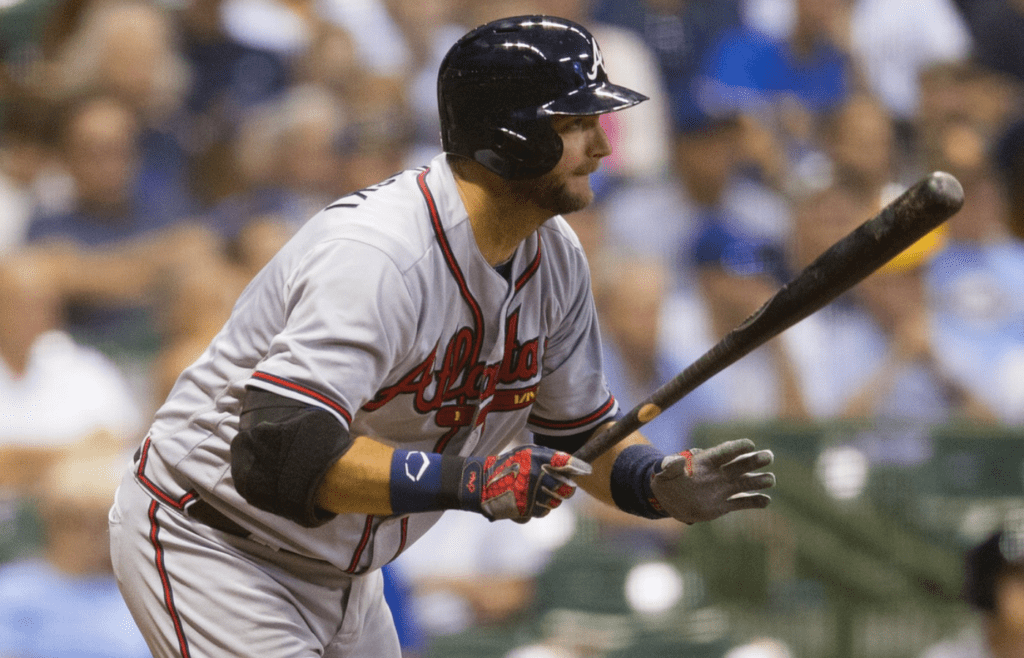 Aug 8, 2016; Milwaukee, WI, USA; Atlanta Braves catcher A.J. Pierzynski (15) singles during the seventh inning against the Milwaukee Brewers at Miller Park. Mandatory Credit: Jeff Hanisch-Imagn Images