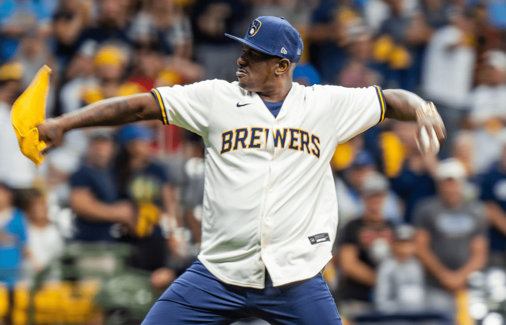 Nyjer Morgan throws out the ceremonial first pitch at Game 2 of the NL wild-card playoff series between the Milwaukee Brewers and Arizona Diamondbacks on Wednesday October 4, 2023 at American Family Field in Milwaukee, Wis.