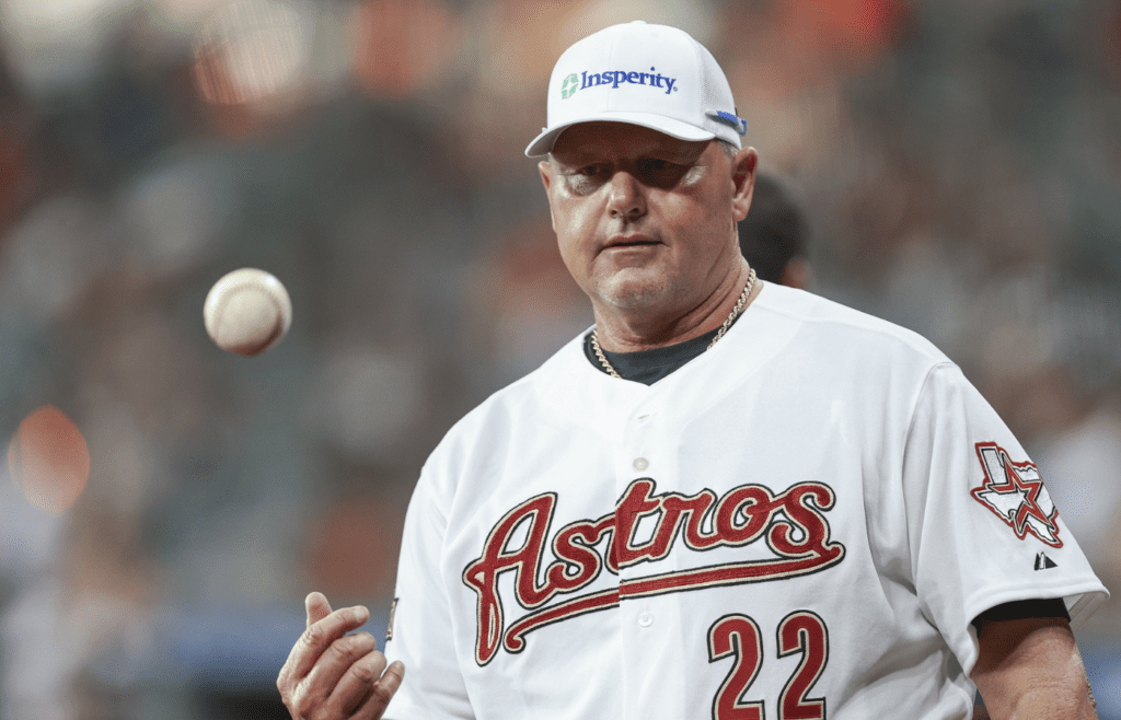 Aug 2, 2024; Houston, Texas, USA; Houston Astros former pitcher Roger Clemens tosses a ball before the game between the Astros and the Tampa Bay Rays at Minute Maid Park. Mandatory Credit: Troy Taormina-Imagn Images