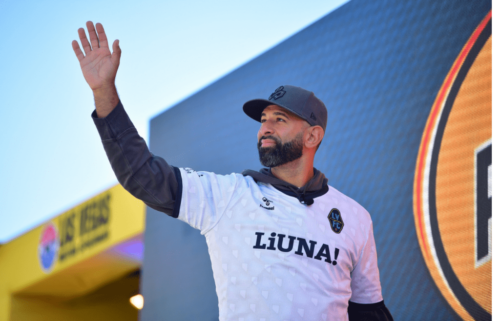 Mar 3, 2024; Las Vegas, Nevada, USA; Former baseball player and Las Vegas Lights FC owner Jose Bautista attends the Pennzoil 400 at Las Vegas Motor Speedway. Mandatory Credit: Gary A. Vasquez-Imagn Images