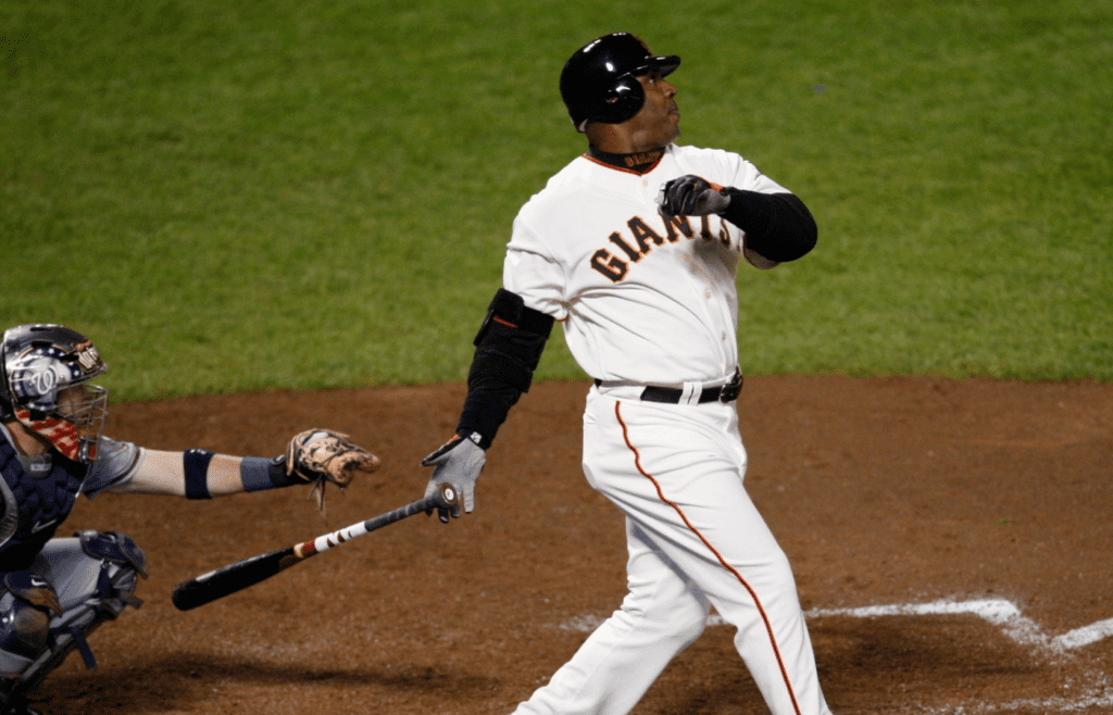 Barry Bonds hits home run number 756 off Nationals pitcher Mike Bacsik breaking Hank Aaron's all-time career home run record of 755 on Aug. 7, 2007.