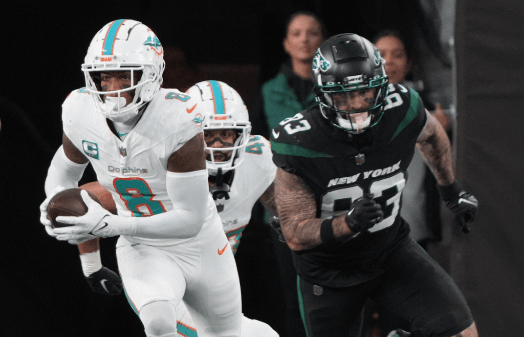 East Rutherford, NJ  November 24, 2023 -- Jevon Holland of Miami returned this interception for a 100 yard TD in the first half as the Miami Dolphins defeated the NY Jets 34-13 at MetLife Stadium on November 24, 2023 in East Rutherford, NJ to play in the first Black Friday NFL game