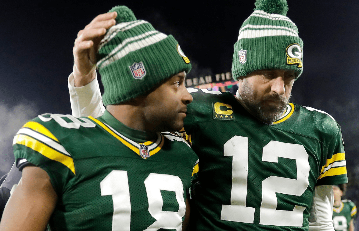 Green Bay Packers quarterback Aaron Rodgers (12) and wide receiver Randall Cobb (18) leave the field after losing to the Detroit Lions 20-16 during their football game on Sunday, January, 8, 2023 at Lambeau Field in Green Bay, Wis. Wm. Glasheen USA TODAY NETWORK-Wisconsin