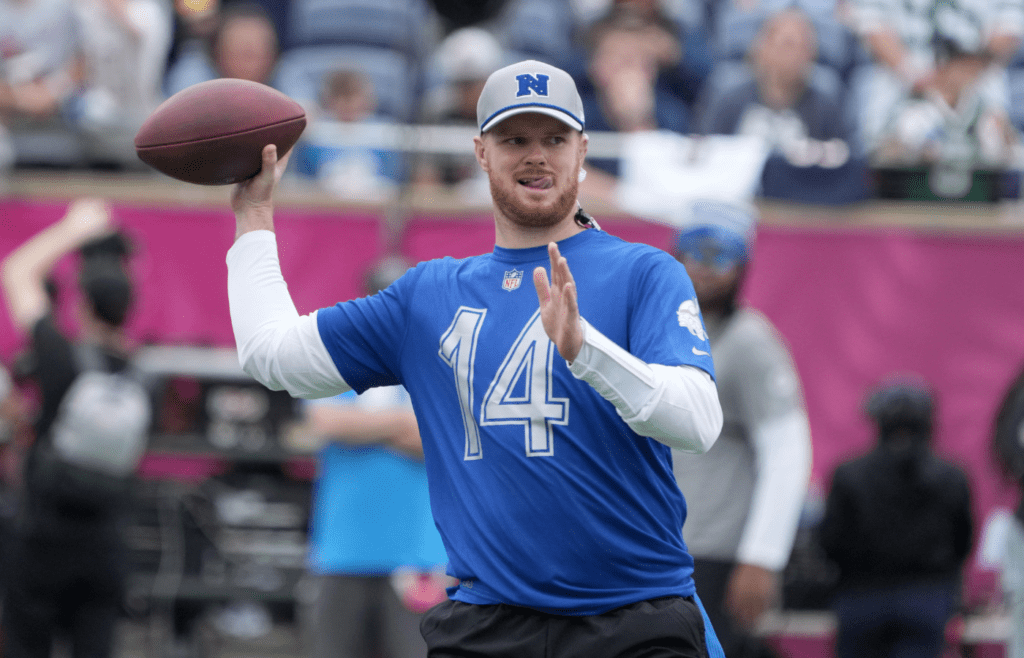 Feb 1, 2025; Orlando, FL, USA; Minnesota Vikings quarterback Sam Darnold (14) throws the ball during NFC Practice for the Pro Bowl Games at Camping World Stadium. Mandatory Credit: Kirby Lee-Imagn Images