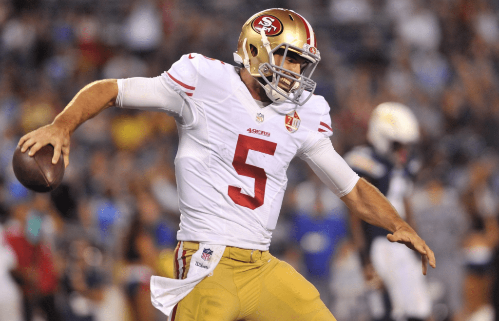 Sep 1, 2016; San Diego, CA, USA; San Francisco 49ers quarterback Christian Ponder (5) celebrates after scoring a touchdown during the second half of the game against the San Diego Chargers at Qualcomm Stadium. San Francisco won 31-21. Mandatory Credit: Orlando Ramirez-Imagn Images