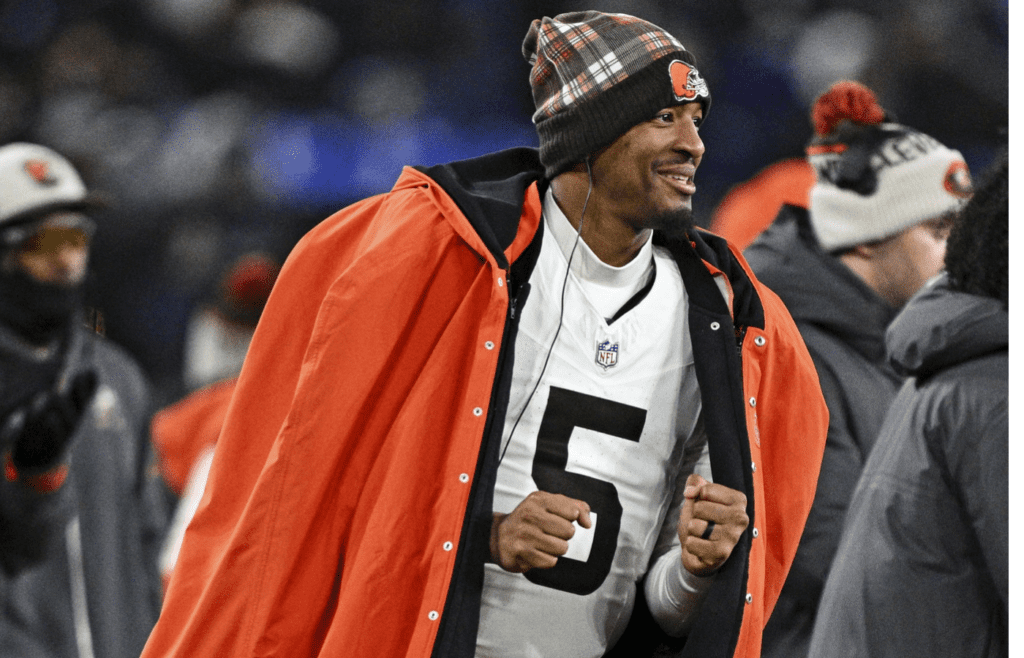 Jan 4, 2025; Baltimore, Maryland, USA; Cleveland Browns quarterback Jameis Winston (5) reacts during the game against Baltimore Ravens at M&T Bank Stadium. Mandatory Credit: Tommy Gilligan-Imagn Images