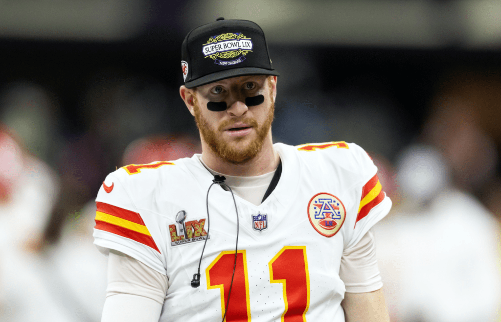 Feb 9, 2025; New Orleans, LA, USA; Kansas City Chiefs quarterback Carson Wentz (11) against the Philadelphia Eagles in Super Bowl LIX at Ceasars Superdome. Mandatory Credit: Mark J. Rebilas-Imagn Images