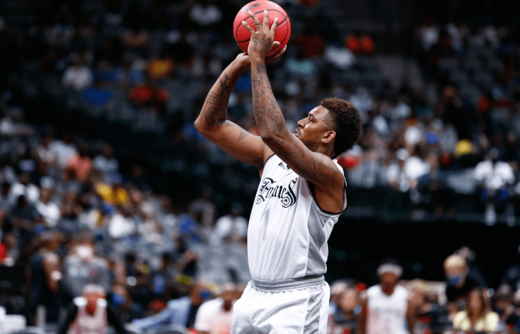 Jul 31, 2021; Dallas, Texas, USA; Enemies guard Nick Young (1) shoots against Triplets during week four of the Big3 3-on-3 basketball league at American Airlines Center. Mandatory Credit: Aric Becker-Imagn Images
