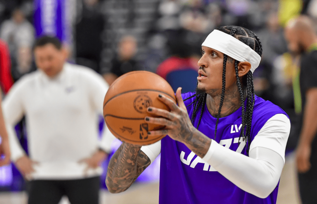 Mar 19, 2025; Salt Lake City, Utah, USA; Utah Jazz guard Jordan Clarkson (00) warms up before the game against the Washington Wizards at the Delta Center. Mandatory Credit: Peter Creveling-Imagn Images