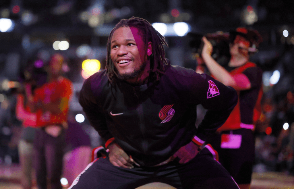 Apr 10, 2022; Portland, Oregon, USA; Portland Trail Blazers shooting guard Ben McLemore (23) reacts before a game against the Utah Jazz at Moda Center. Mandatory Credit: Soobum Im-Imagn Images
