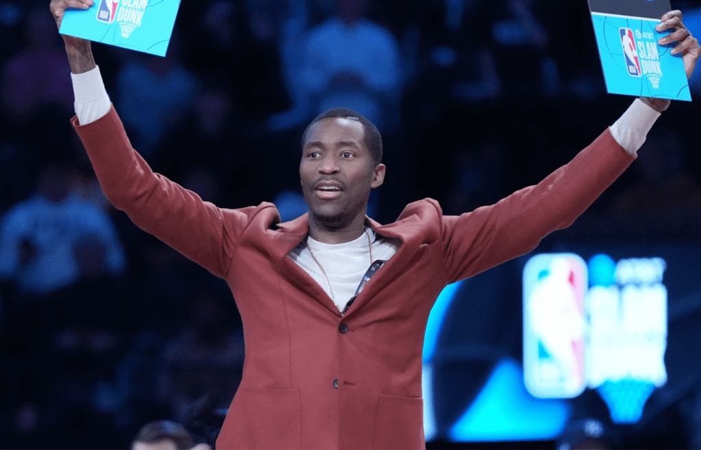 Feb 18, 2023; Salt Lake City, UT, USA; Jamal Crawford reacts in the Dunk Contest during the 2023 All Star Saturday Night at Vivint Arena. Mandatory Credit: Kyle Terada-Imagn Images