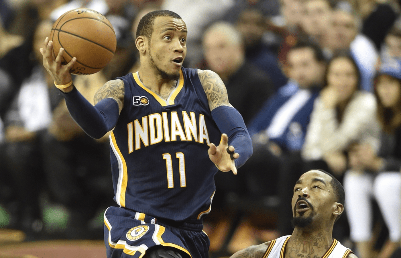 Apr 2, 2017; Cleveland, OH, USA; Indiana Pacers guard Monta Ellis (11) drives against Cleveland Cavaliers guard JR Smith (5) in the first overtime at Quicken Loans Arena. Mandatory Credit: David Richard-Imagn Images