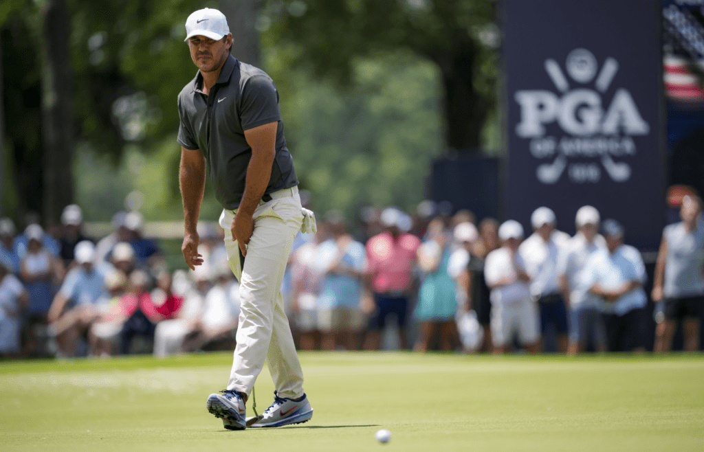 May 15, 2025; Charlotte, North Carolina, USA; Brooks Koepka misses a putt on the ninth hole during the first round of the PGA Championship golf tournament at Quail Hollow. Mandatory Credit: Aaron Doster-Imagn Images