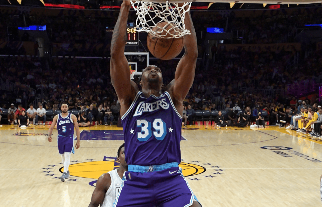 Apr 8, 2022; Los Angeles, California, USA; Los Angeles Lakers center Dwight Howard (39) dunks the ball in the second half of the game against the Oklahoma City Thunder at Crypto.com Arena. Mandatory Credit: Jayne Kamin-Oncea-Imagn Images