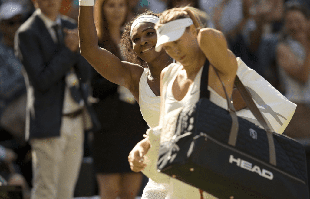 Jul 9, 2015; London, United Kingdom; Serena Williams (USA) and Maria Sharapova (RUS) leave the court after their match on day ten of The Championships Wimbledon at the AELTC. Mandatory Credit: Susan Mullane-Imagn Images