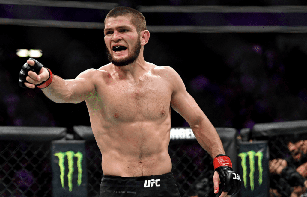 Oct 6, 2018; Las Vegas, NV, USA; Khabib Nurmagomedov (red gloves) reacts after his fight against Conor McGregor (blue gloves) during UFC 229 at T-Mobile Arena. Mandatory Credit: Stephen R. Sylvanie-Imagn Images