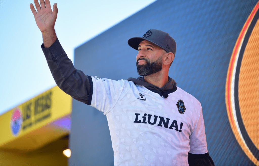 Mar 3, 2024; Las Vegas, Nevada, USA; Former baseball player and Las Vegas Lights FC owner Jose Bautista attends the Pennzoil 400 at Las Vegas Motor Speedway. Mandatory Credit: Gary A. Vasquez-Imagn Images