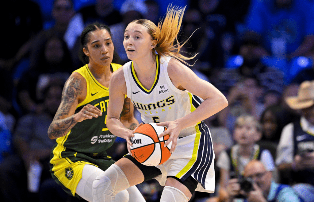 May 19, 2025; Arlington, Texas, USA; Dallas Wings guard Paige Bueckers (5) in action during the game between the Dallas Wings and the Seattle Storm at College Park Center. Mandatory Credit: Jerome Miron-Imagn Images