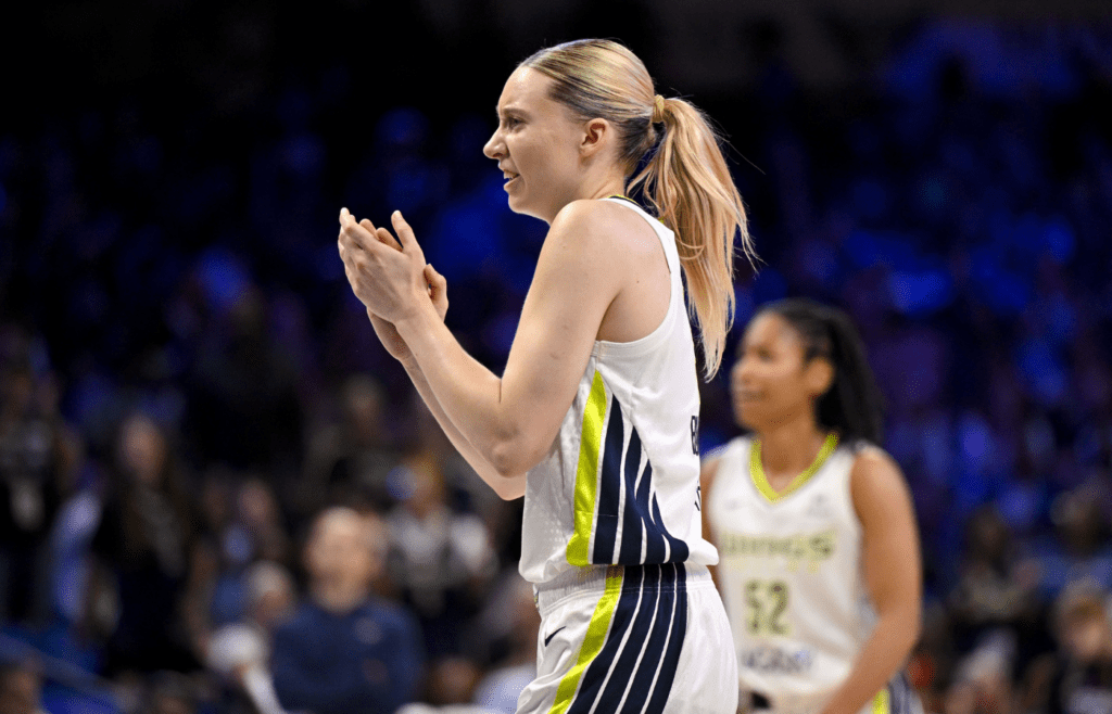 May 19, 2025; Arlington, Texas, USA; Dallas Wings guard Paige Bueckers (5) in action during the game between the Dallas Wings and the Seattle Storm at College Park Center. Mandatory Credit: Jerome Miron-Imagn Images