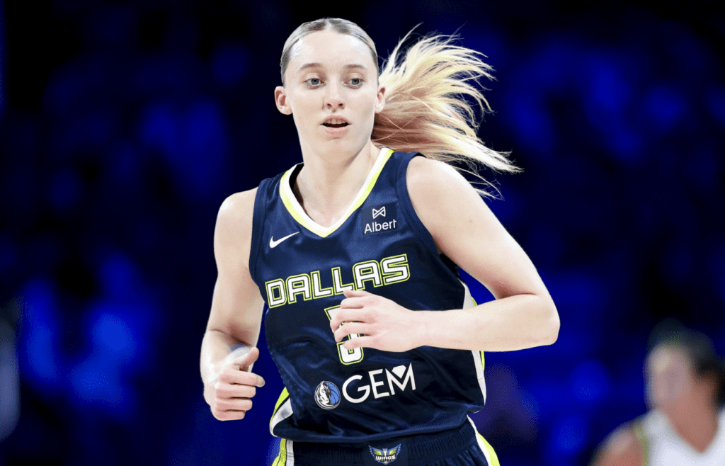 May 16, 2025; Arlington, Texas, USA; Dallas Wings guard Paige Bueckers (5) runs up the court against the Minnesota Lynx during the first half at College Park Center. Mandatory Credit: Kevin Jairaj-Imagn Images