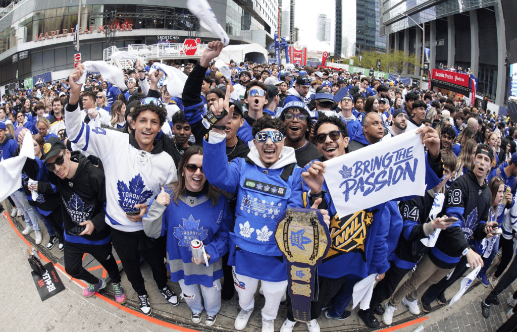 May 18, 2025; Toronto, Ontario, CAN; Toronto Maple Leafs fans gather in Maple Square before game seven of the second round of the 2025 Stanley Cup Playoffs against Florida Panthers at Scotiabank Arena. Mandatory Credit: John E. Sokolowski-Imagn Images