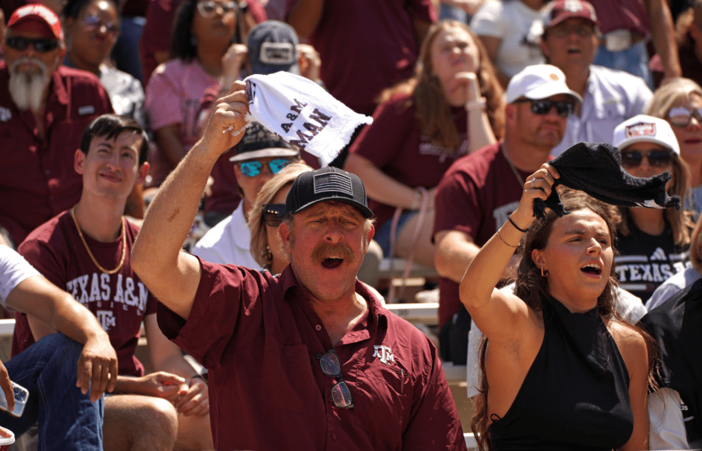 Sep 7, 2024; College Station, Texas, USA; Texas A&M Aggies fans react during the fourth quarter against the McNeese State Cowboys at Kyle Field. Mandatory Credit: Dustin Safranek-Imagn Images