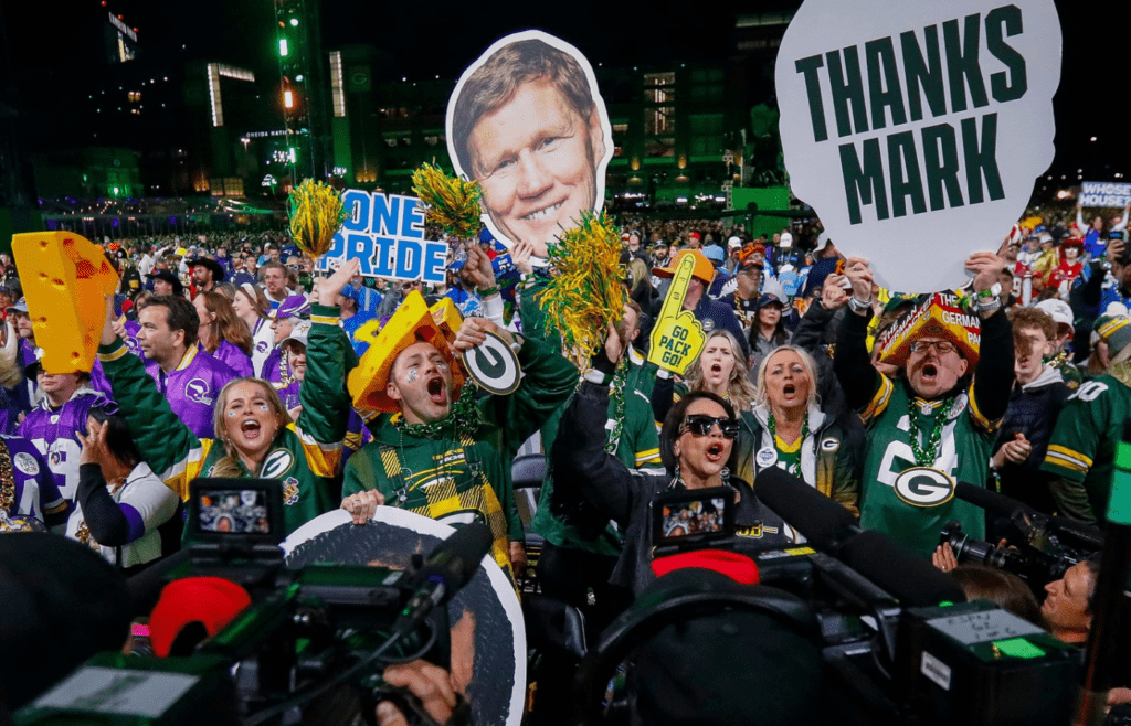 Green Bay Packers fans cheer as the team goes on the clock for the 23rd pick during the first round of the 2025 NFL Draft on Thursday, April 24, 2025, at Lambeau Field in Green Bay, Wisconsin. The draft runs through April 26. Tork Mason/USA TODAY NETWORK-Wisconsin