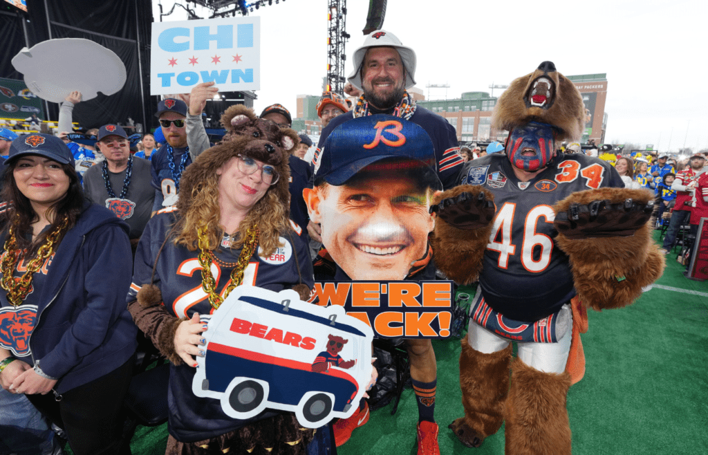 Apr 24, 2025; Green Bay, WI, USA; Chicago Bears fans cheer before the first round of the 2025 NFL Draft at Lambeau Field. Mandatory Credit: Kirby Lee-Imagn Images