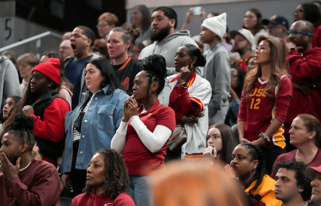 USC Trojans fans react as the UCLA Bruins pull ahead during the second half of the 2025 TIAA Big Ten Women's Basketball Tournament final game on Sunday, March 9, 2025, at Gainbridge Fieldhouse in Indianapolis. UCLA defeated USC 72-67.