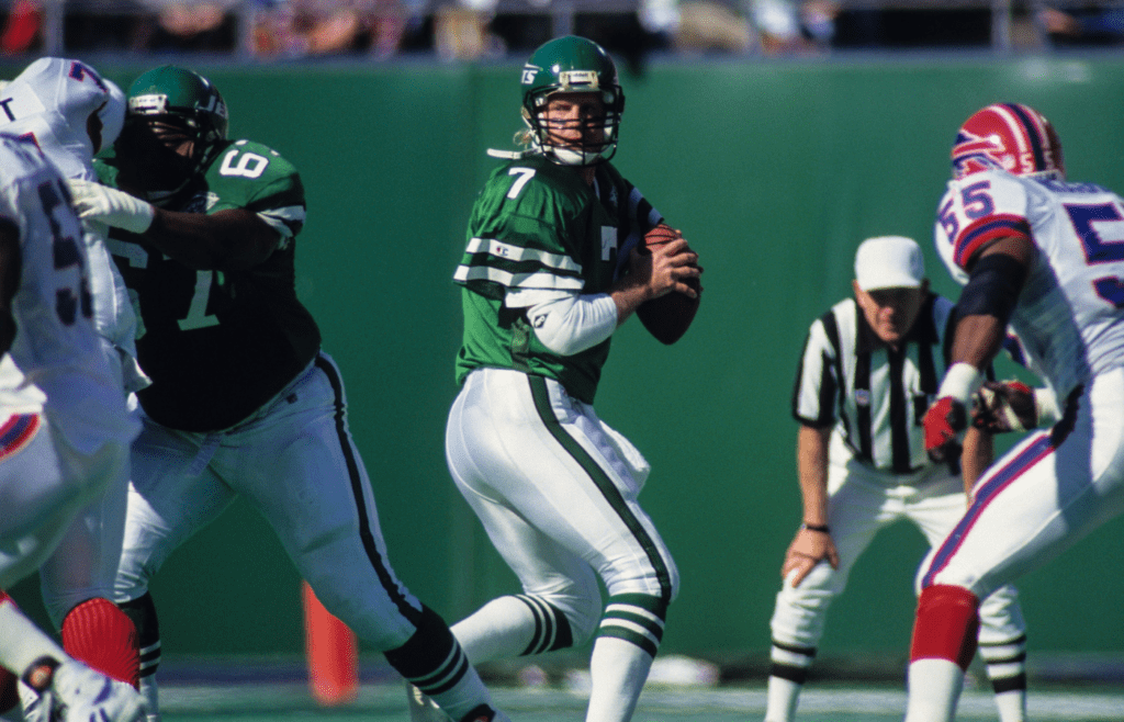 Oct 24, 1993; East Rutherford, NJ, USA; FILE PHOTO; New York Jets quarterback Boomer Esiason (7) in action against the Buffalo Bills at Giants Stadium. Mandatory Credit: Lou Capozzola-USA TODAY NETWORK