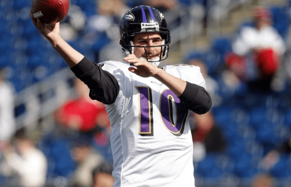 Oct 17, 2010; Foxboro, MA, USA; Baltimore Ravens quarterback Marc Bulger (10) warms up before the start of the game against the New England Patriots at Gillette Stadium. The Patriots defeated the Ravens 23-20. Mandatory Credit: David Butler II-Imagn Images