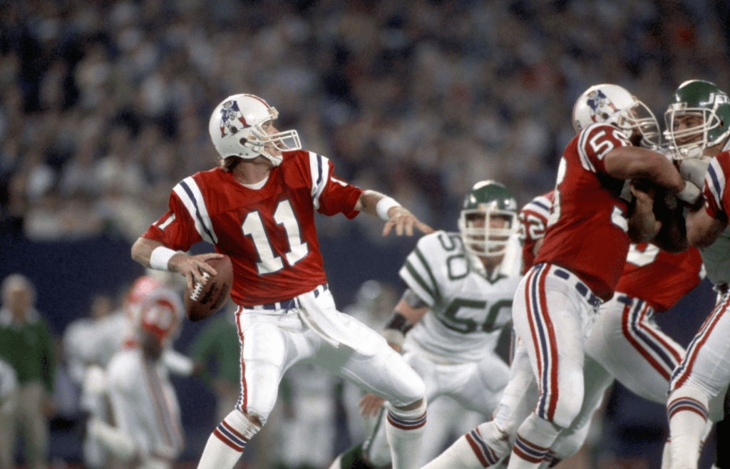 Sep 21, 1987; E. Rutherford, NJ, USA; FILE PHOTO; New England Patriots quarterback (11) Tony Eason in action against the New York Jets at Giants Stadium. Mandatory Credit: Photo By Imagn Images © Copyright Imagn Images