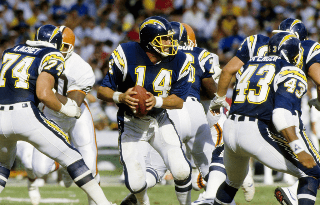 Nov 1, 1987; San Diego, CA, USA; FILE PHOTO; San Diego Chargers quarterback Dan Fouts (14) in action against the Cleveland Browns at Jack Murphy Stadium. Mandatory Credit: MPS-Imagn Images