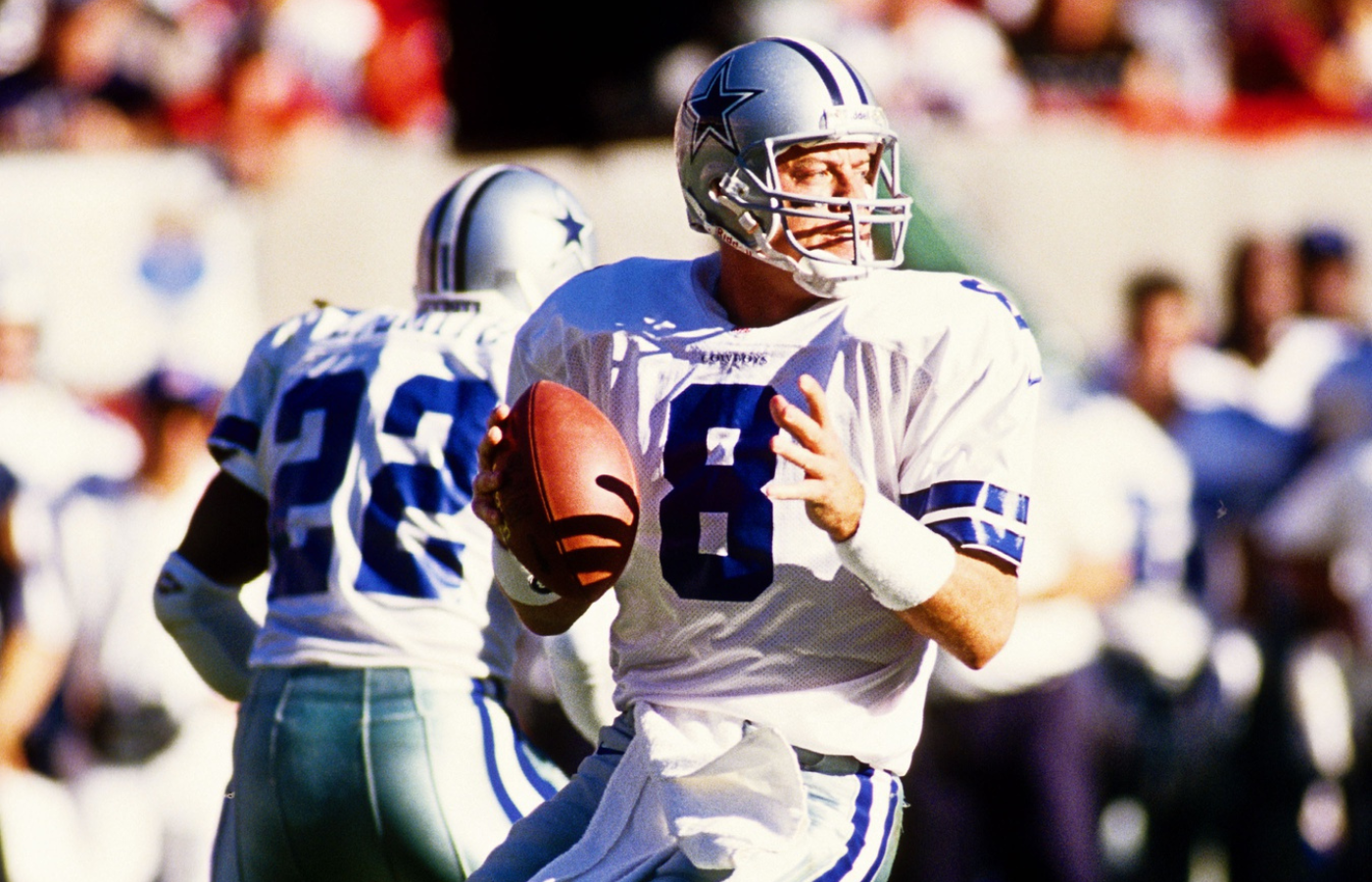 Dallas Cowboys quarterback Troy Aikman (8) in action against the Arizona Cardinals at Sun Devil Stadium.