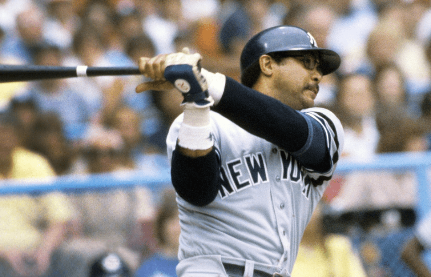 New York Yankees right fielder Reggie Jackson in action against the Cleveland Indians at Cleveland Stadium during the 1980 season