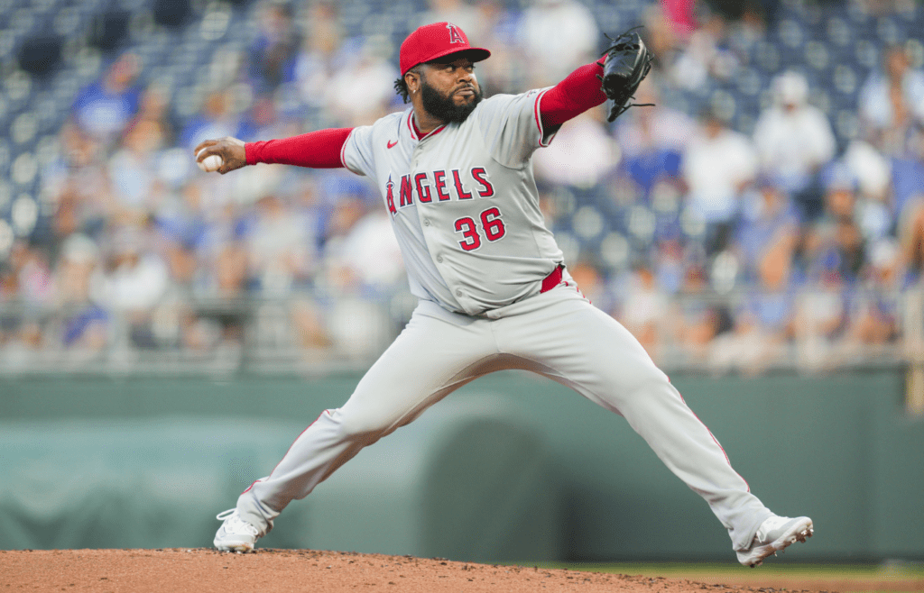 Aug 21, 2024; Kansas City, Missouri, USA; Los Angeles Angels starting pitcher Johnny Cueto (36) pitches during the second inning against the Kansas City Royals at Kauffman Stadium. Mandatory Credit: Jay Biggerstaff-Imagn Images